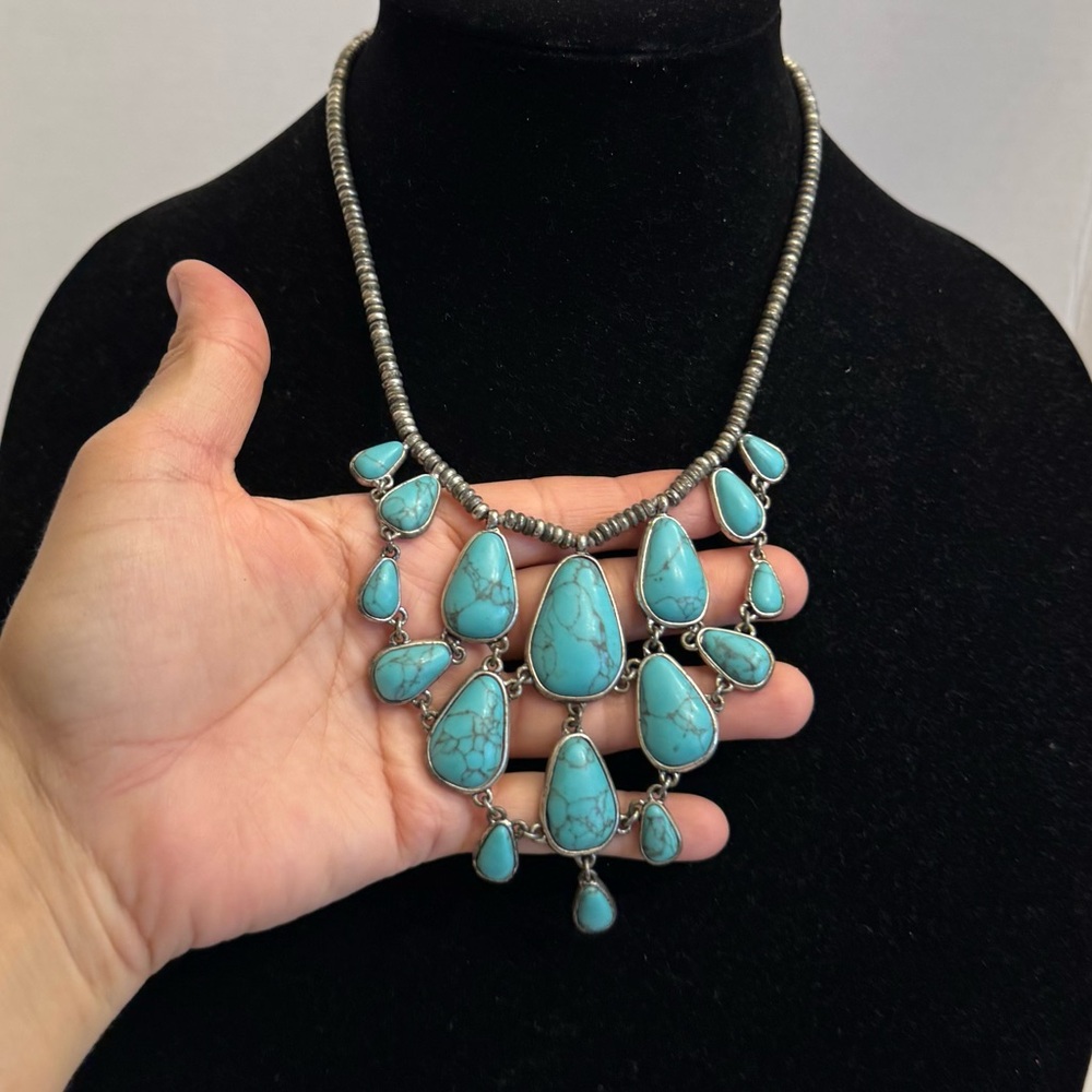 Lucky Brand Signed Faux Turquoise Stone Silver Tone Jewelry Chunky Boho Necklace - Picture 2 of 16